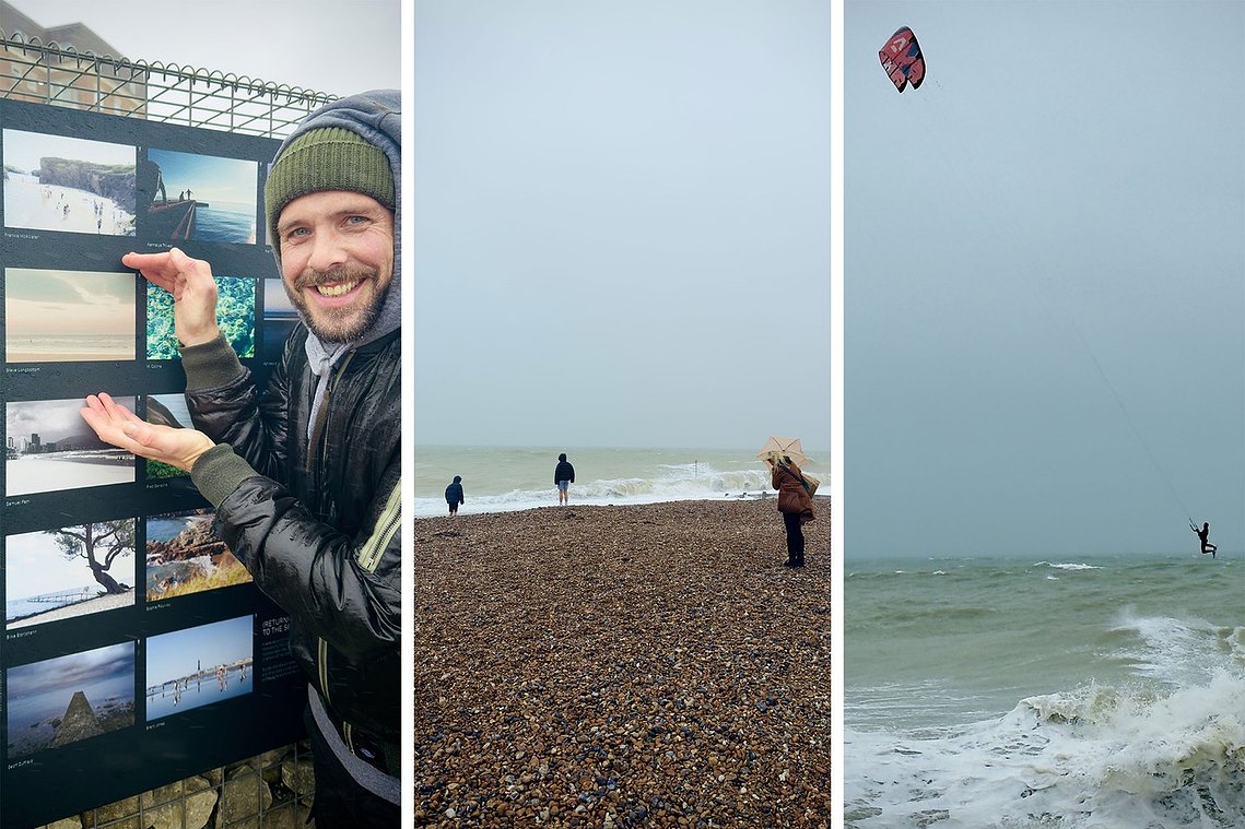 Three images combined. Artist stood next to a board exhibiting many photographs, woman stood on windy beach with umbrella and a kitesurfer in crashing waves lifted out of the water 