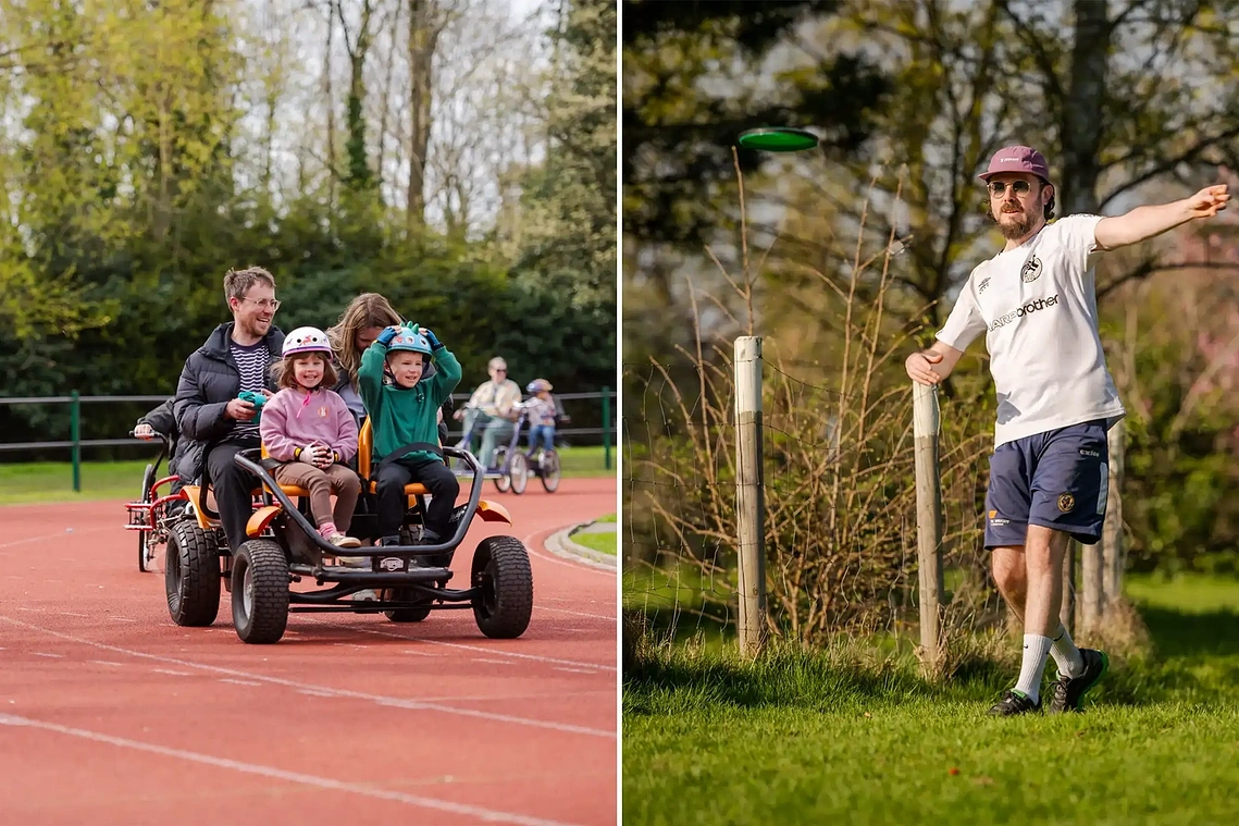 Creative commercial photography captures parklike and events. A family race on a track in a buggy and player of disc golf 

