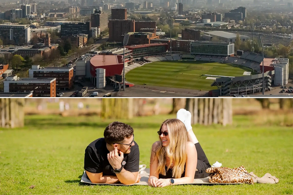 Another diptych, with lifestyle photography showing a couple enjoying the green spaces of Trafford and a drone shot shows the Old Trafford Cricket Ground with Manchester in background