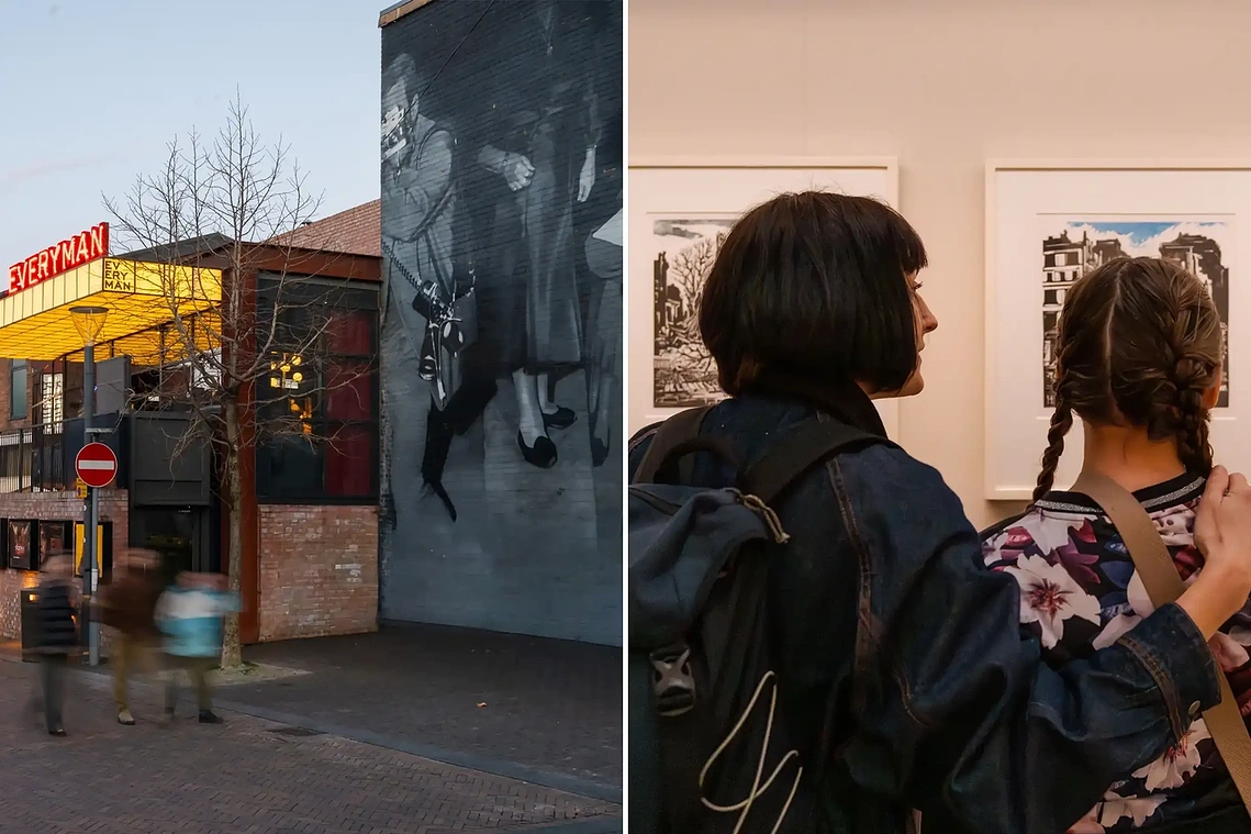 Creative commercial photography documenting cultural installations with gallery visitors during a civic marketing shoot.
