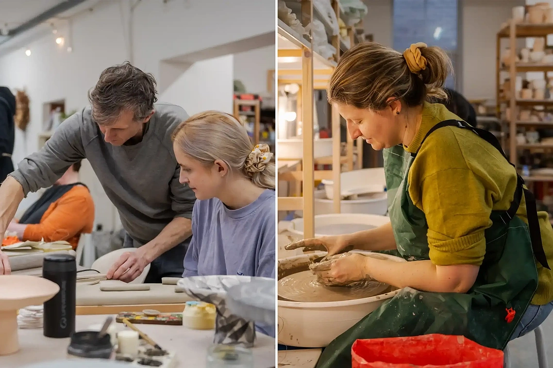 Local event photography capturing a workshop with instructors teaching clay work and sculpture in the Trafford borough.