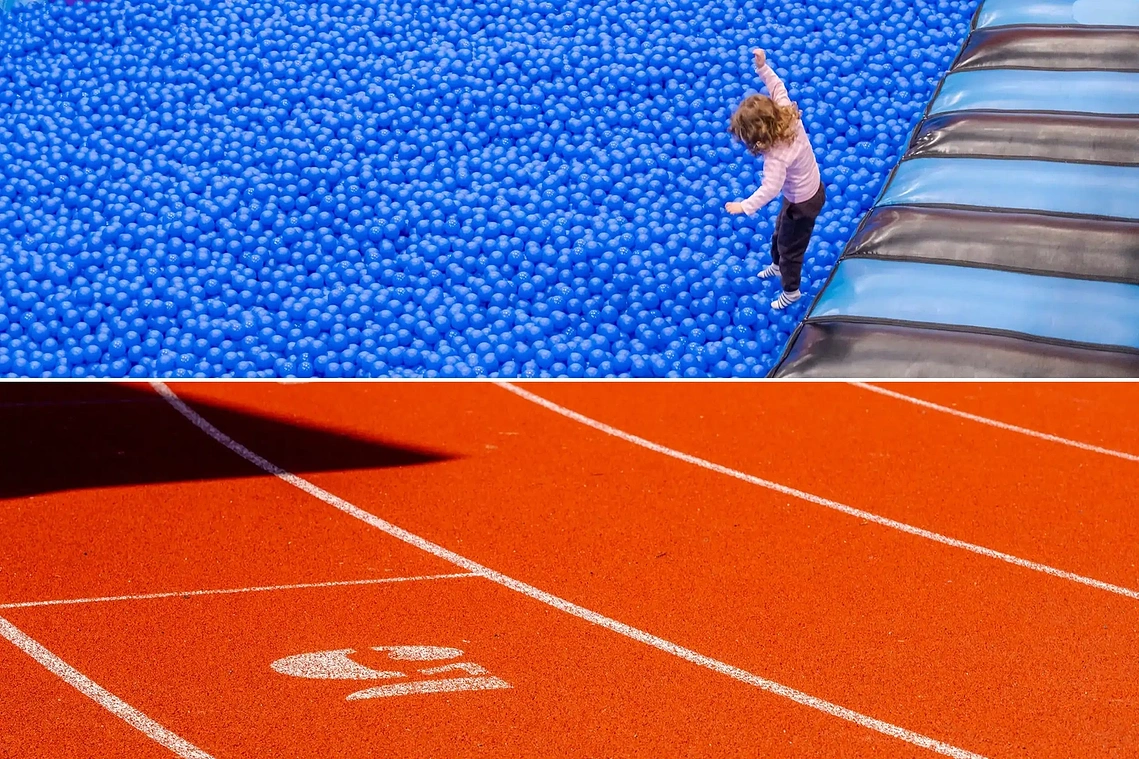 Creative photography for local brands showing a close-up of a kid diving into a ball-pit and an abstract shot of a racing track - for a public sector marketing project.