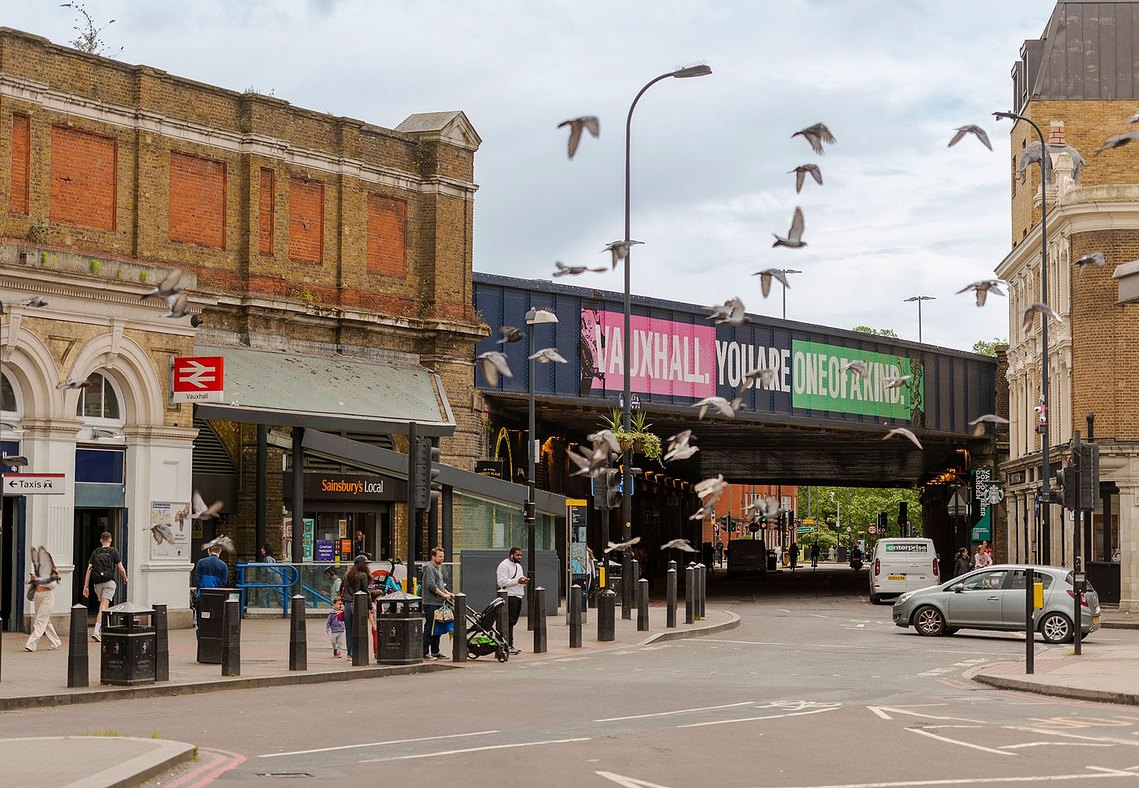 placemaking and lifestyle photography, london, vauxhall, street scene, station, shops, people and pigeons
