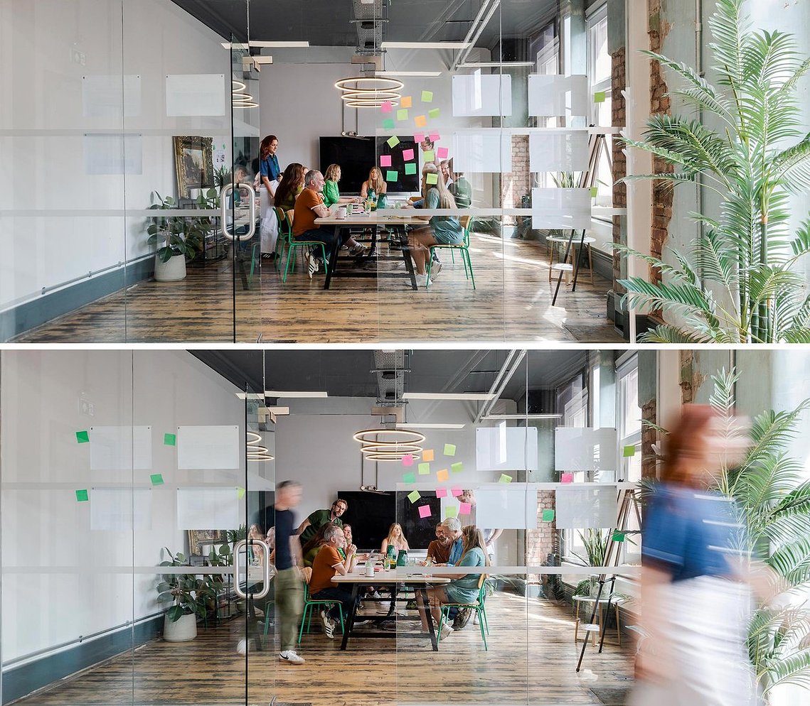 commercial lifestyle photography showing staff in a workplace, wide shots on meeting room with team members gathered and chatting