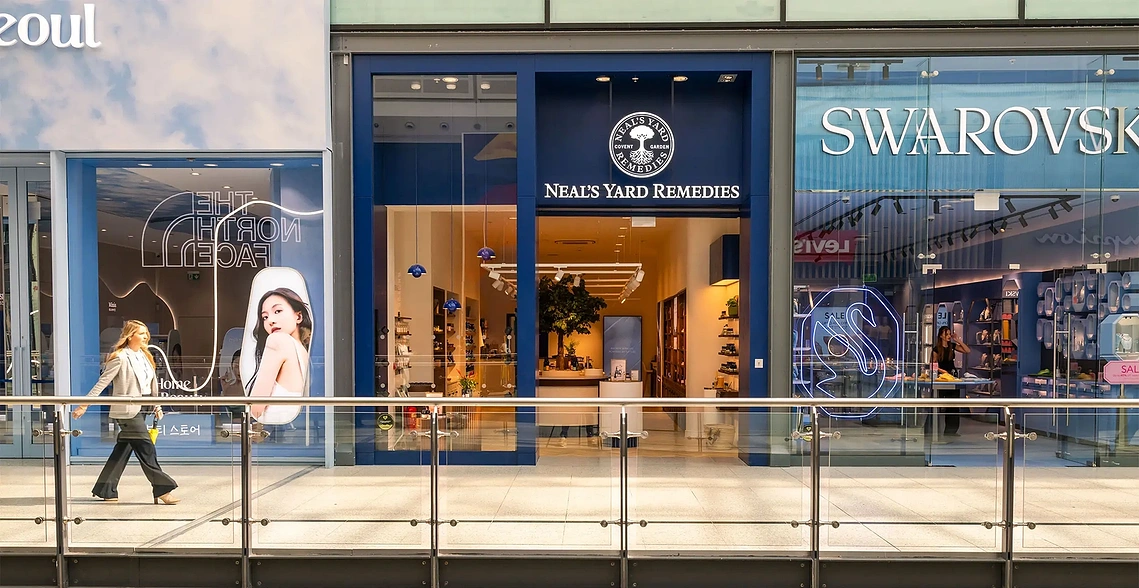Storefront retail photography of the exterior of Neal's Yard Remedies store in Manchester Arndale.
