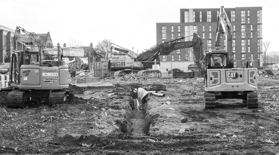 construction site, shopping centre, demolition and rubble, machinery, rubble