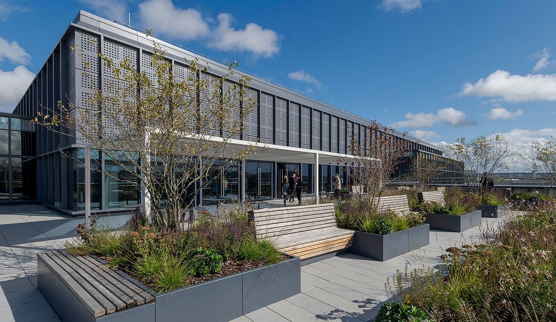 architecture photography of exterior terrace at top of modern bulding in bristol