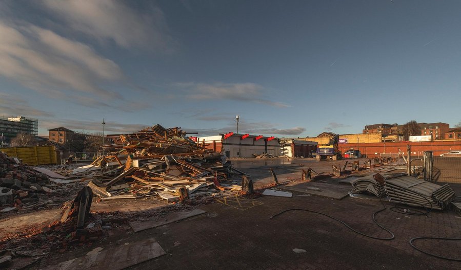 construction site, shopping centre, demolition and rubble, elevated view of site
