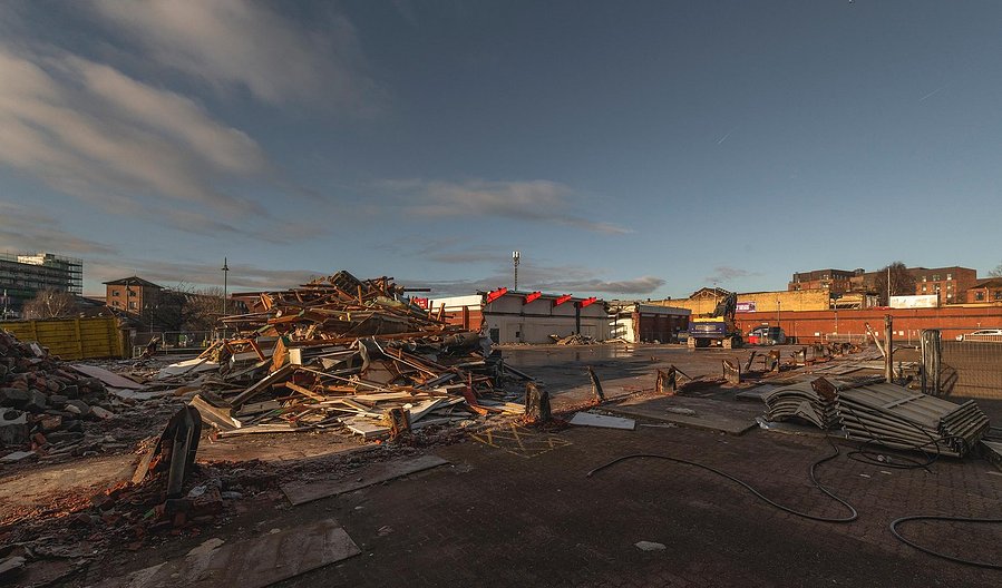 construction site, shopping centre, demolition and rubble, elevated view of site