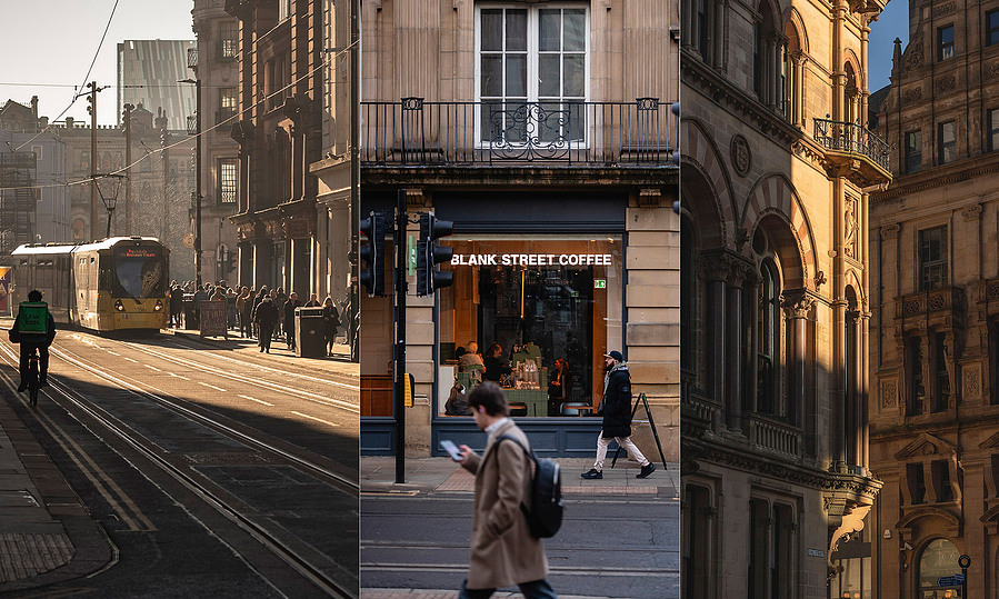 placemaking photography, street scenes and local brands and architecture all around king street Manchester 