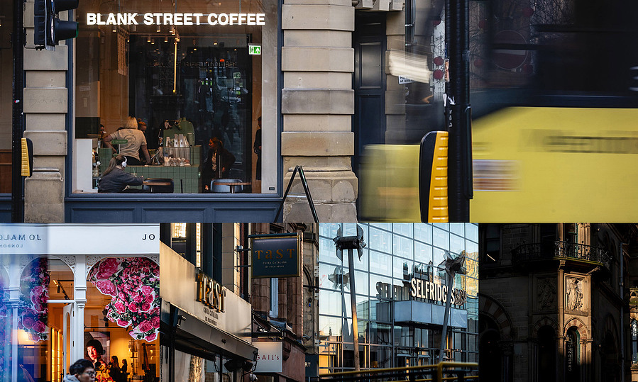 placemaking photography, collection of images showing local brands and amenities , king street manchester