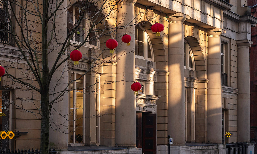 architectural details, period building, manchester in dappled sunlight