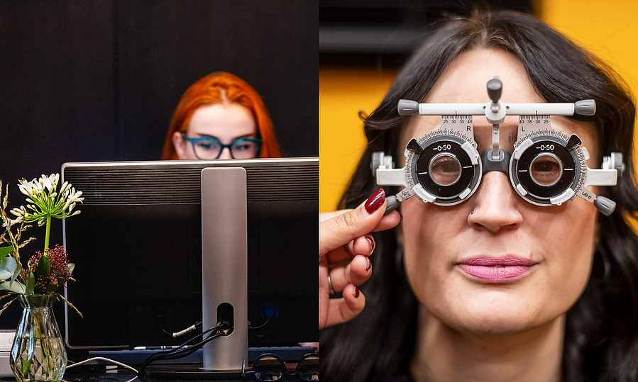 close up of receptionist behind computer and woman having eye test