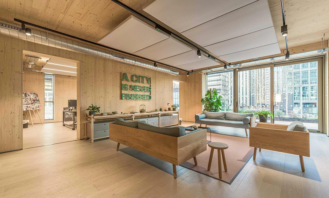 wide interior of wooden building