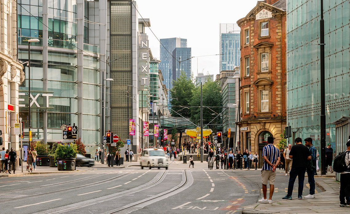 Everyday footfall around Manchester City centre. Deansgate and urban centre.