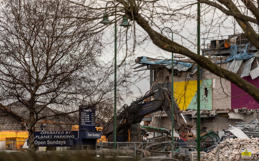construction site, shopping centre, demolition and rubble, interior of demolished building visible