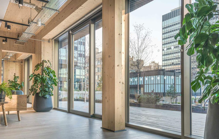 Modern office interior with large windows, wooden walls, and indoor plants overlooking urban landscape.