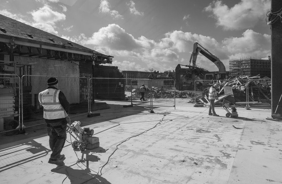 construction site, shopping centre, demolition and rubble, with diggers and machinery
