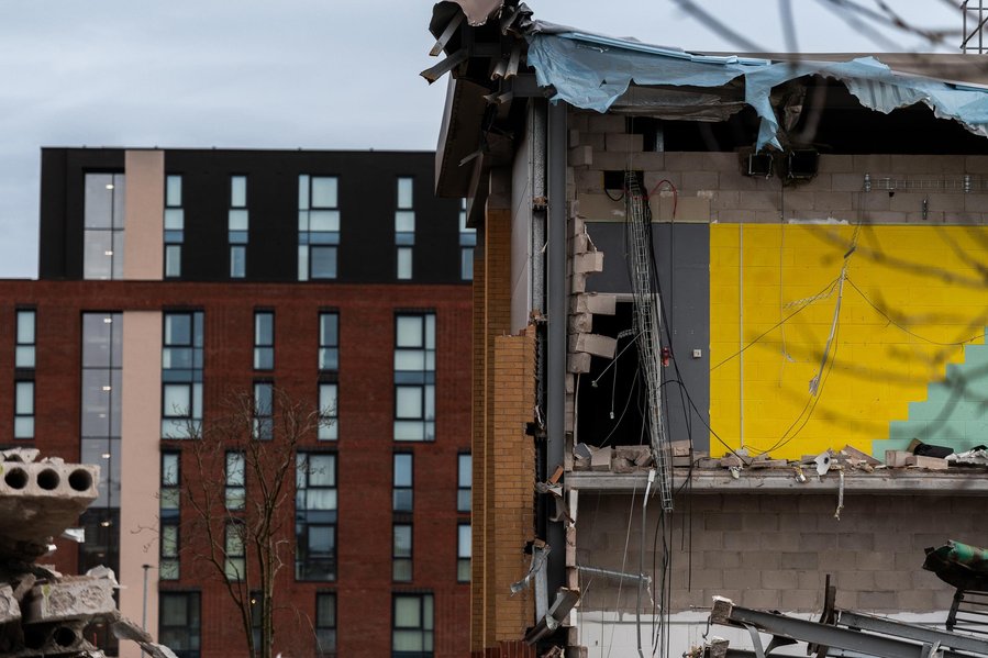 construction site, shopping centre, demolition and rubble, interior of demolished building
