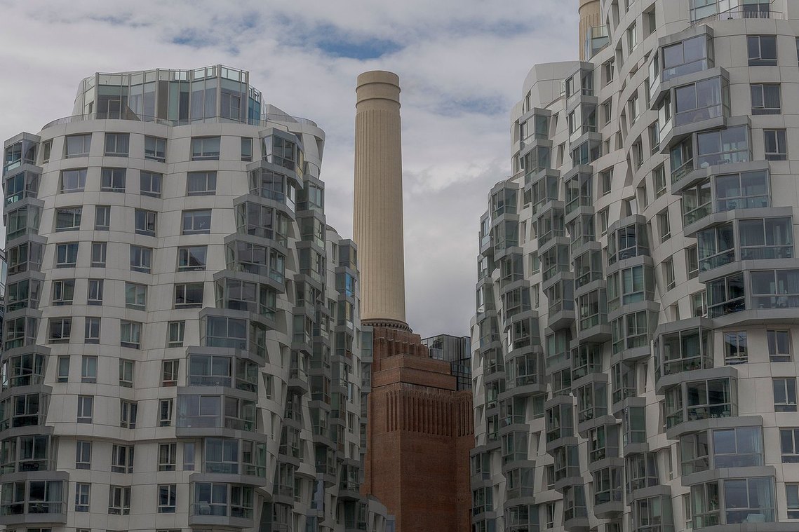 placemaking and lifestyle photography, battersea, view of battersea power station through apartment buildings