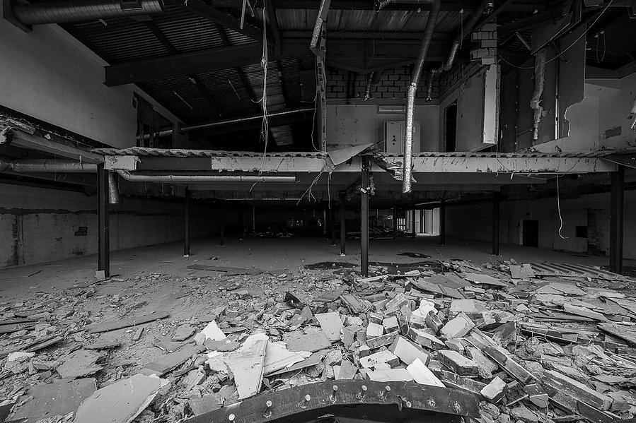 construction site, shopping centre, demolition and rubble, interior of demolished building visible
