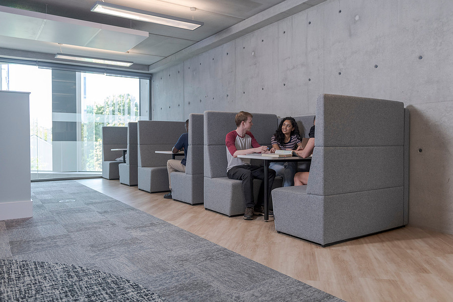 student lifestyle photography and education photography, class environment, study booths with tutor and student in one booth discussing work
