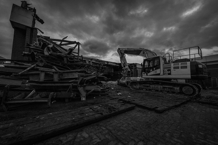 construction site, shopping centre, demolition and rubble, black and white