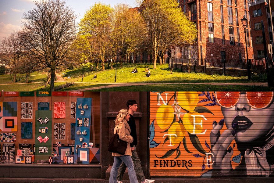 Montage of placemaking photographs. Manchester green spaces. urban lifestyle, shoppers and graffiti 