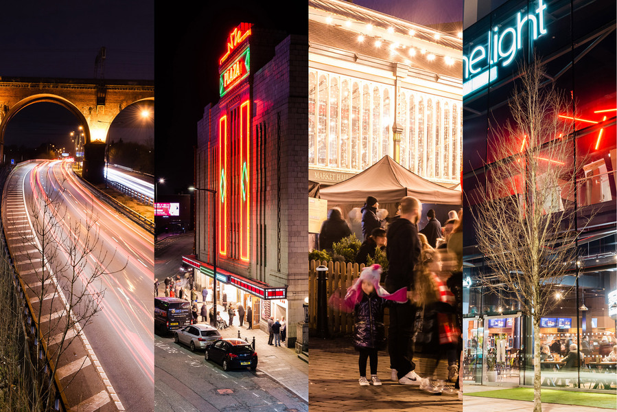 montage of four photos of stockport. the brick built viaduct over streams of car lights , the plaza theatre and cinema with customers outside at night, evening food market with family, the light cinema with diners in window