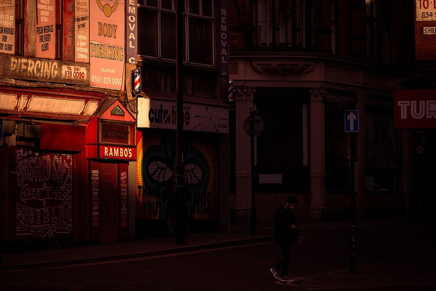 placemaking photography. manchester. norther quarter. architecture. strong shadows in evening light 