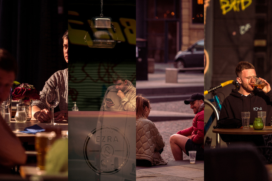 Montage of four placemaking photographs. Manchester urban lifestyle and hospitality scenes