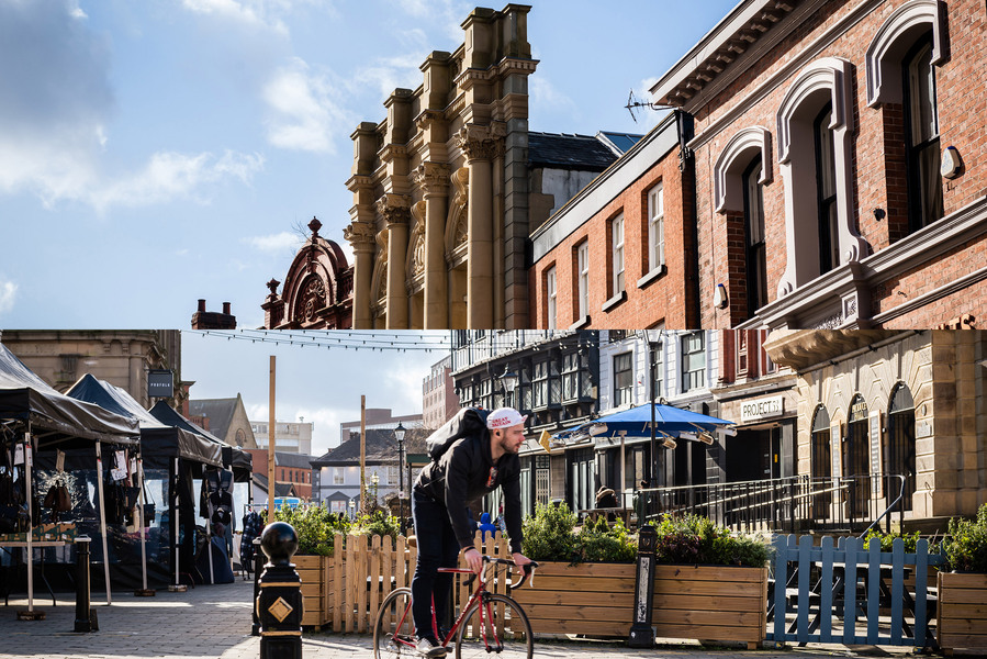 Montage of two photos of stockport showing the architecture and a cyclist passing by