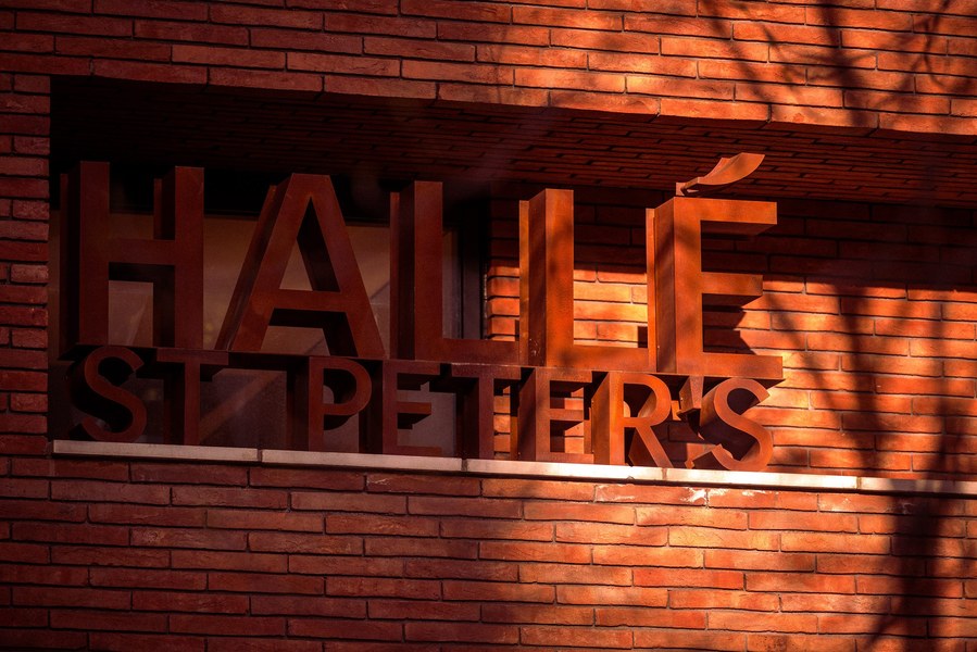placemaking photography. manchester. norther quarter. architecture. signage of Halle st Peters in Ancoats 