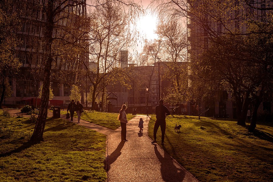 placemaking photography. manchester. norther quarter. architecture. park area at evening time with dog walkers