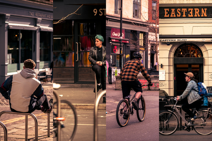 Montage of four placemaking photographs. Manchester urban streets. lifestyle and cyclists