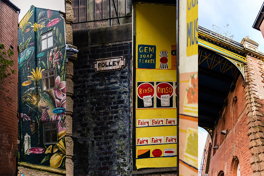 examples of some of the period features in stockport architecture. including vintage signage and architecture