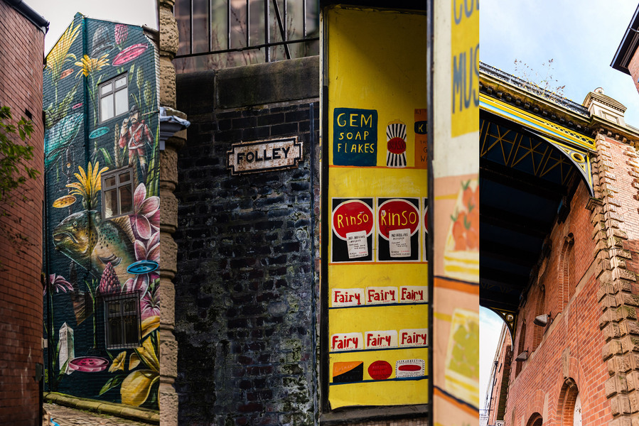 examples of some of the period features in stockport architecture. including vintage signage and architecture