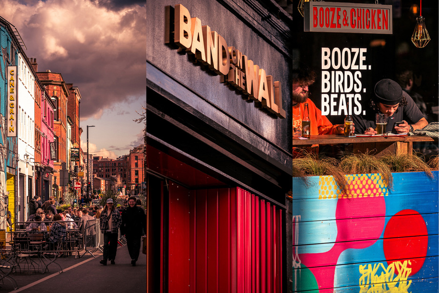 Montage of placemaking photographs. Manchester bars and venues. Signage and diners in window