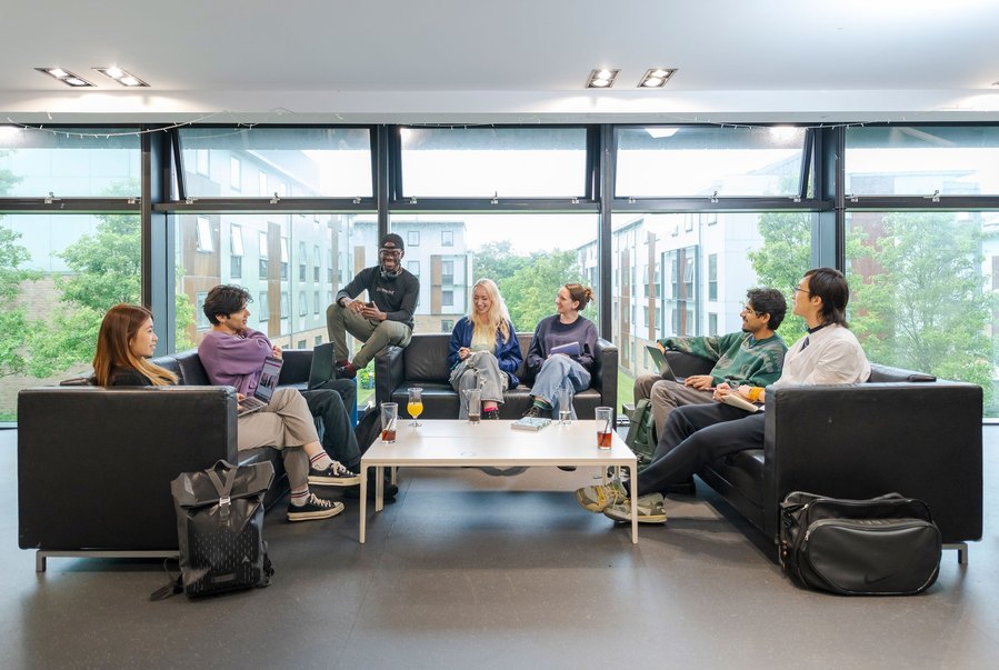 student lifestyle photography, group of students sit on sofas and chairs discussing a group project