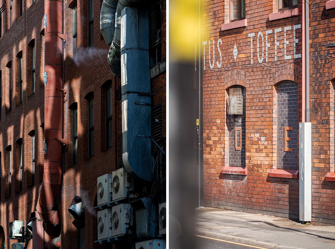 diptych showing a back alley view in a city with shadows and air ducts and a red brick building with the word toffee painted on