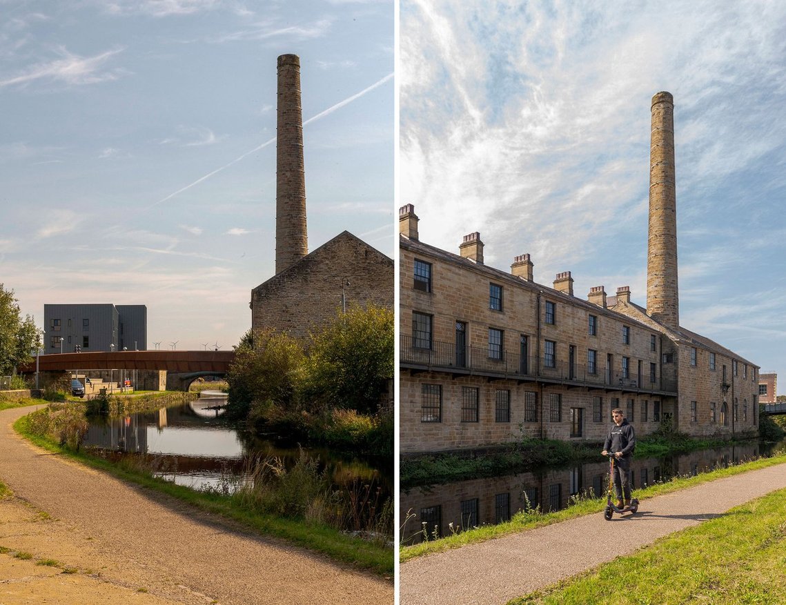 architecture and office photography showing exterior of office in context of local area, canal-side
