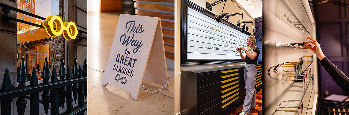 montage of four images all of an opticians. from left to right we see the exterior of the period building with their branding, an a-board that says this way for great glasses, a staff member stood at shelves and frames on shelves