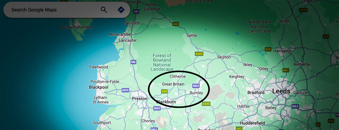 screenshot of the map showing the label with name 'Great Britain' in centre of Lancashire, UK