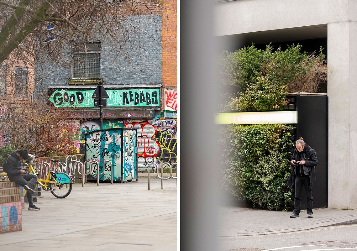 architecture and lifestyle photography, manchester street  scenes. two photos. one shows man next to bike rack with street art on walls and the other shows a man stood smoking next to a living wall scene