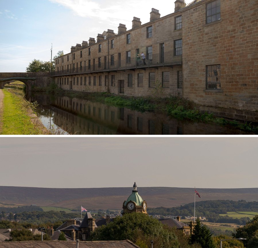 commercial lifestyle and office lifestyle, commercial exteriors, row of terraced houses with canal as well as a photo of the view from office of Burnley