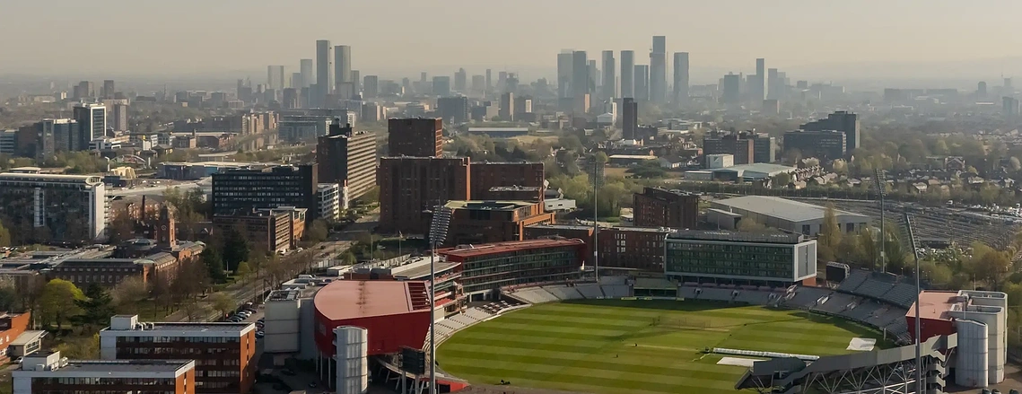Aerial destination marketing photography for Trafford campaign and website, shows Old Trafford Cricket ground and Manchester architecture