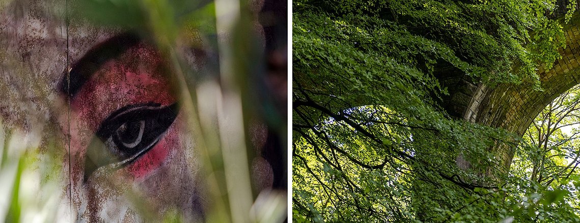 diptych, illustration of an asian woman on wall mural behind foliage and cropped shot of large old arched bridge covered in wild foliage