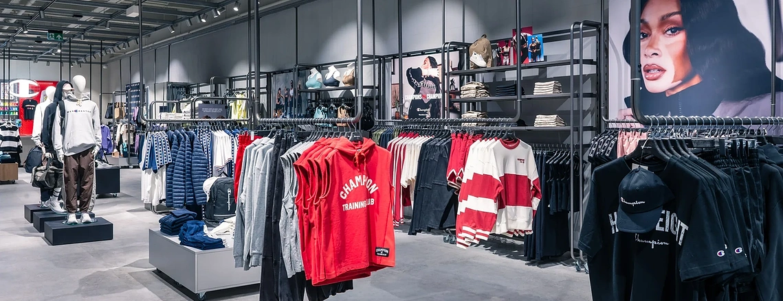 Commercial interior photography showing the main floor layout and concrete finishes in the Champion Manchester store.
