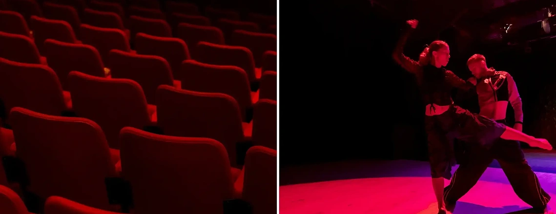 Commercial lifestyle photography featuring people dancing in theatre space, and a shot of theatre seating - part of  a destination branding shoot in Greater Manchester.