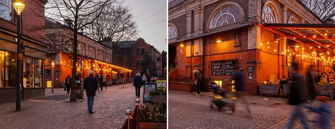 Destination branding photography capturing a vibrant town centre street scene in Altrincham, part of a Trafford campaign shoot